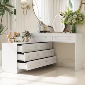 12-Drawer Retractable Dresser Makeup Vanity Desk Bedroom Storage Organizer with Rotatable Table and Crystal Handles