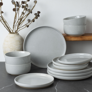 Light Gray 12 Piece Famiware Stoneware Dinnerware Plate and Bowl Set