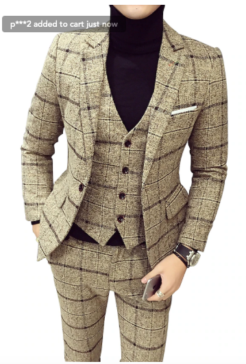 Khaki Dark Gray Tweed 3 Piece Suit - Image 2