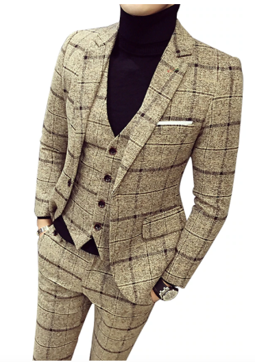 Khaki Dark Gray Tweed 3 Piece Suit - Image 3