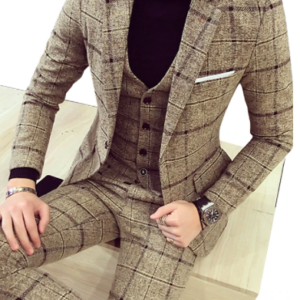 Khaki Dark Gray Tweed 3 Piece Suit