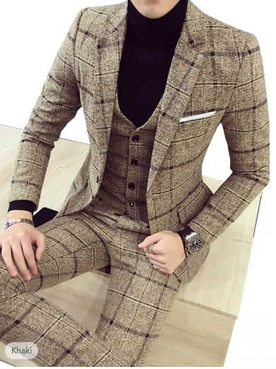 Khaki Dark Gray Tweed 3 Piece Suit