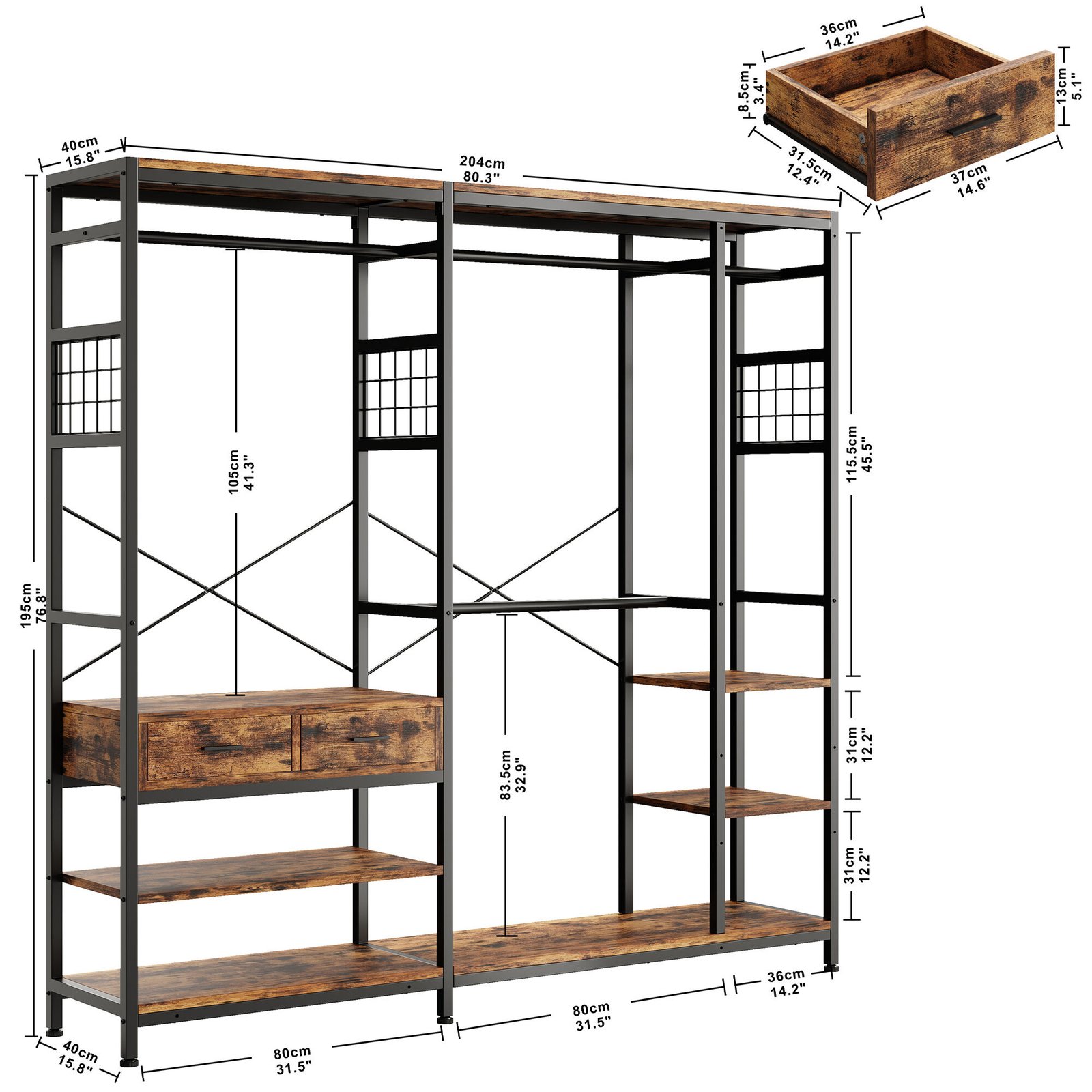 L Shaped Clothing Rack Corner Closet System in Vintage Brown - Image 3