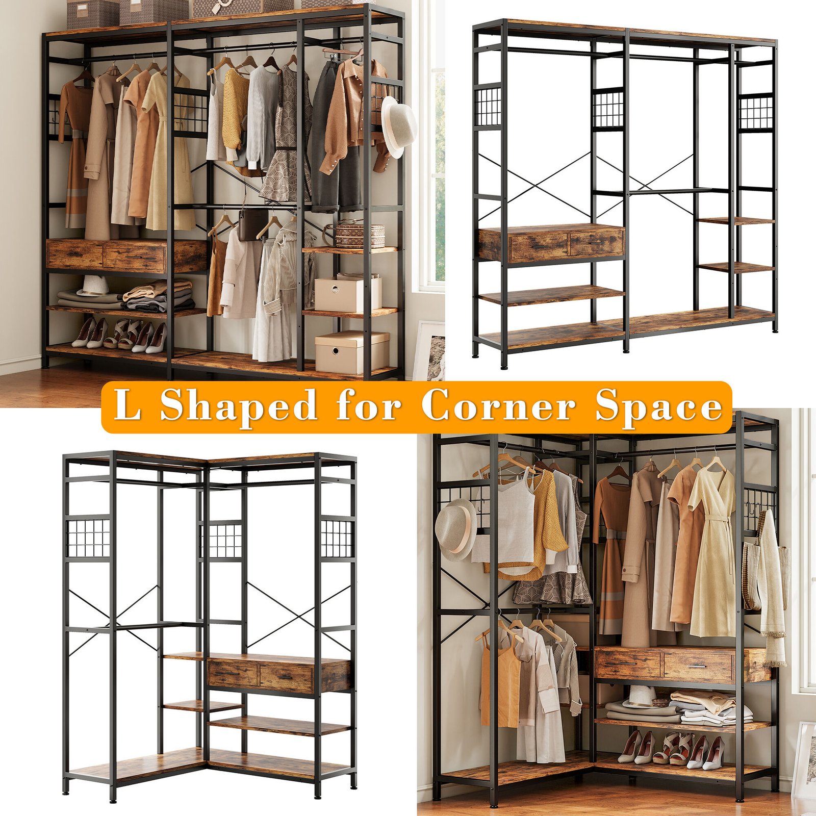 L Shaped Clothing Rack Corner Closet System in Vintage Brown - Image 5