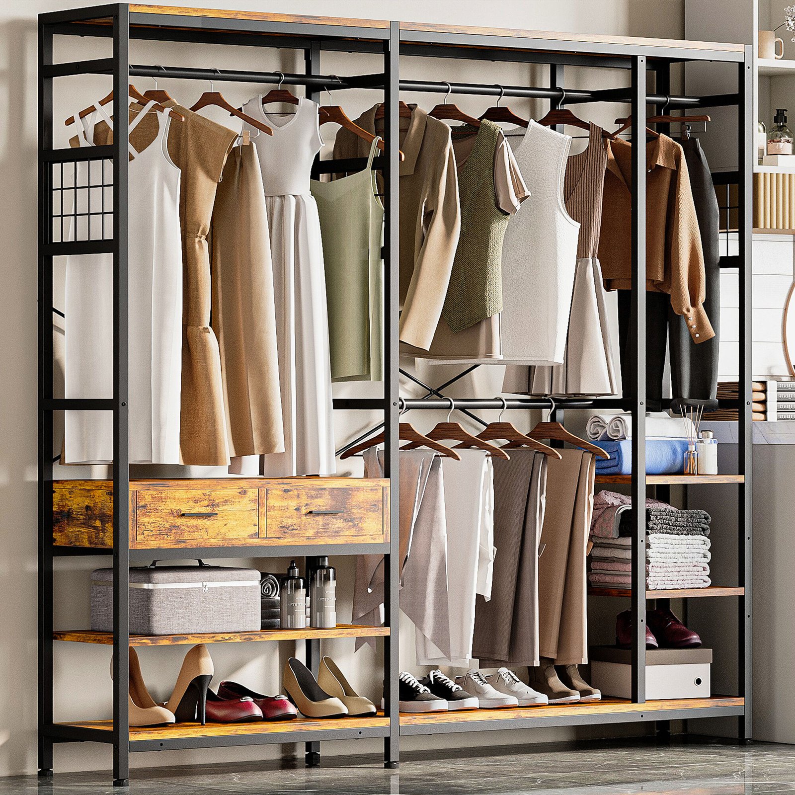 L Shaped Clothing Rack Corner Closet System in Vintage Brown - Image 2