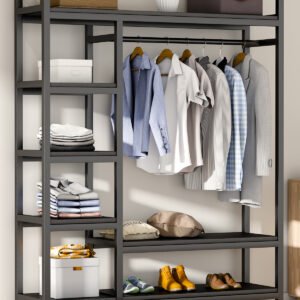 Metal Rack for Hanging Clothes with Black Wood Board