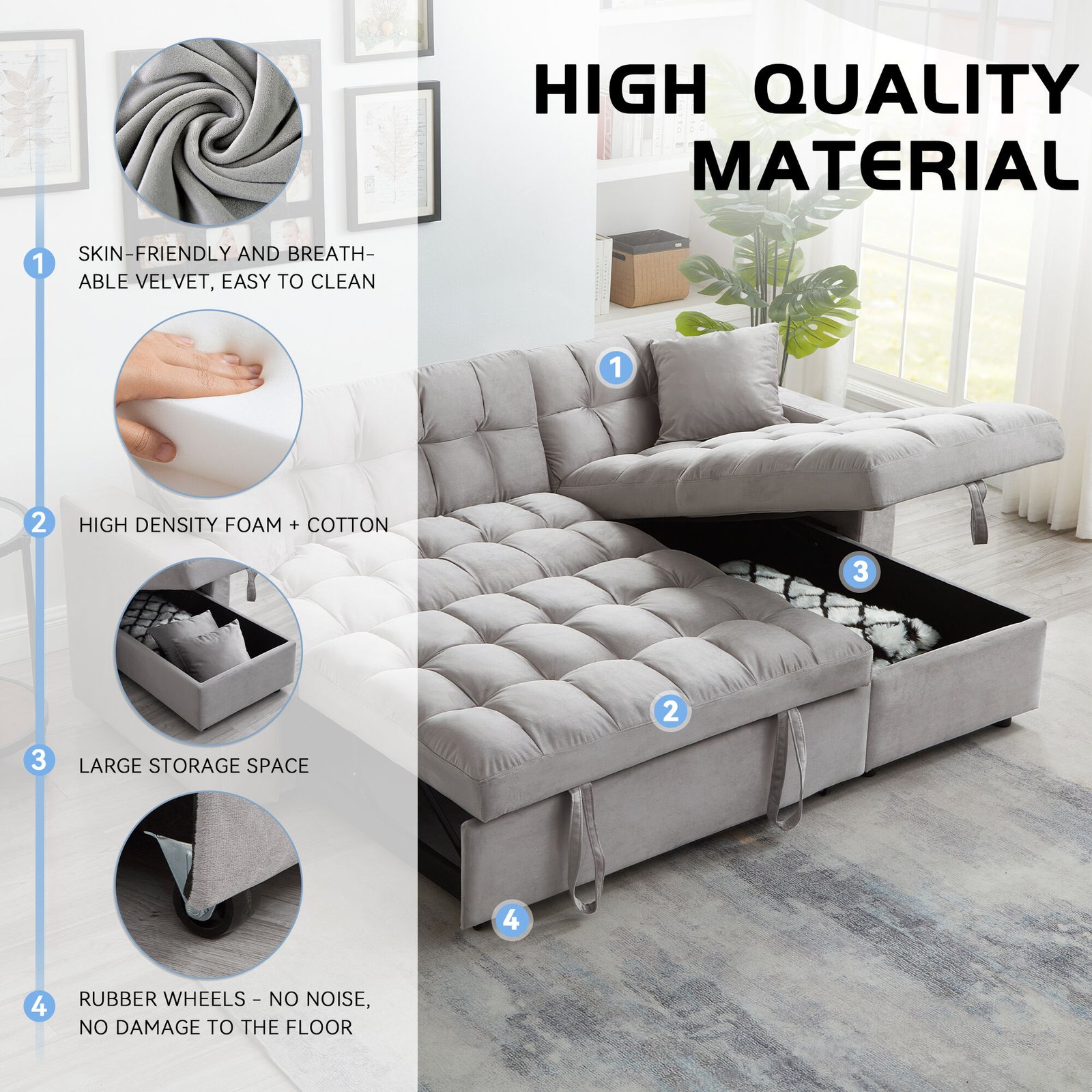 Muumblus Convertible Sleeper Sofa Bed with Storage Chaise - Image 4