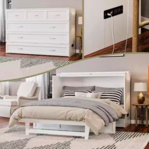 Northfield White Solid Wood Frame Murphy Bed Chest with Mattress and Built in Charging Station