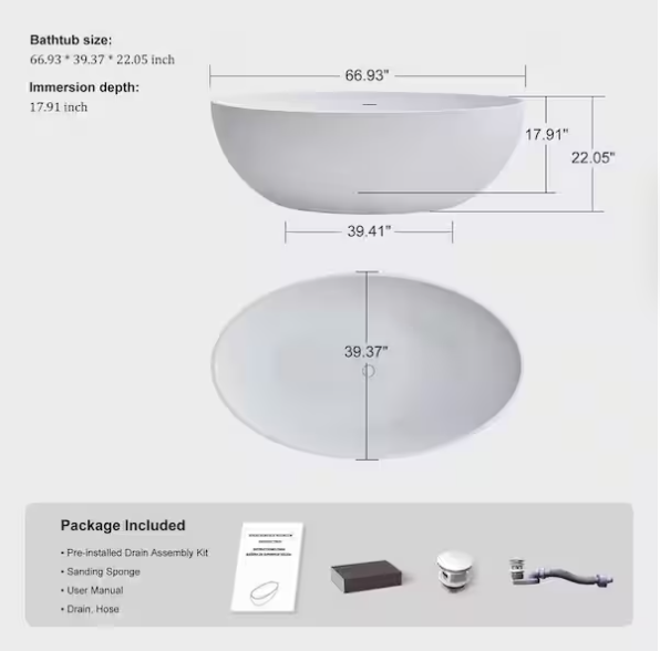 Oeno Stone Resin Freestanding Soaking Bathtub - Image 2
