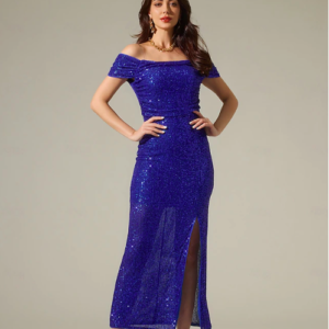 Sequin Ruched Off Shoulder Split Ends Maxi Dress