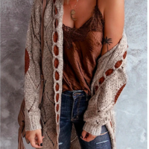 Cardigan Hooded Cable Knit Lace up Jacket