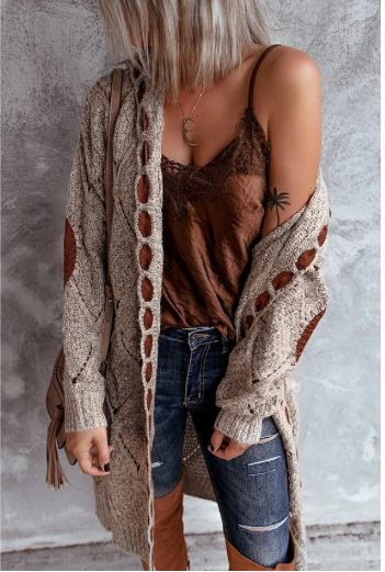 Cardigan Hooded Cable Knit Lace up Jacket