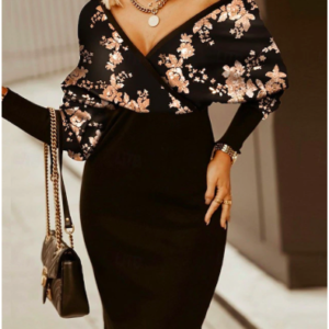 Long Sleeve Sequin Floral Geometric Print V Neck Midi Dress