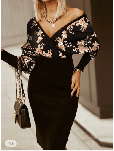 Long Sleeve Sequin Floral Geometric Print V Neck Midi Dress