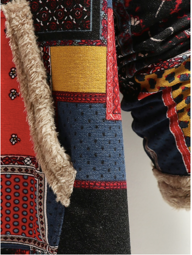 Vintage Style Long Sleeve Print Color Block Jacket - Image 3