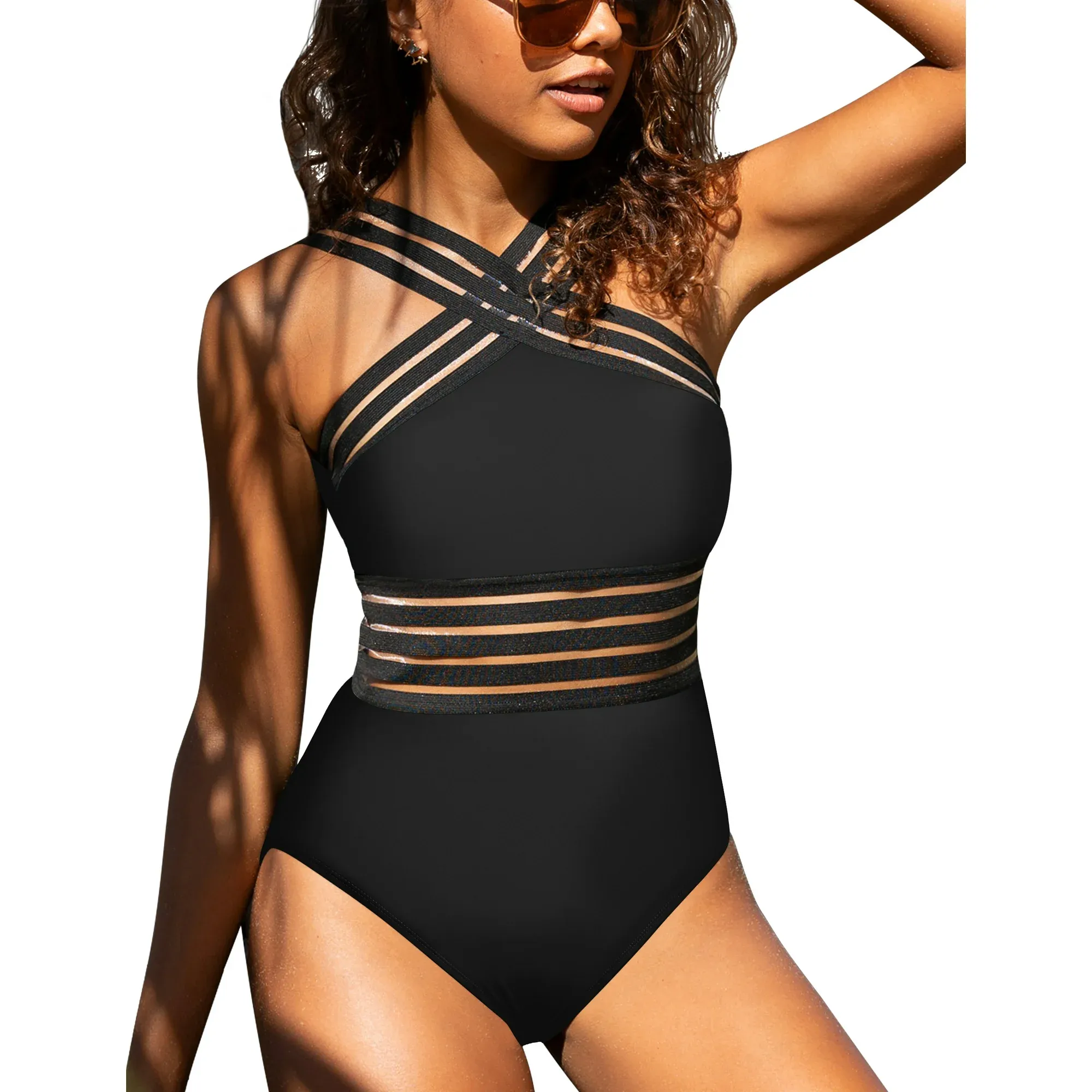 Womens One Piece Front Crossover Hollow Swimwear - Image 2