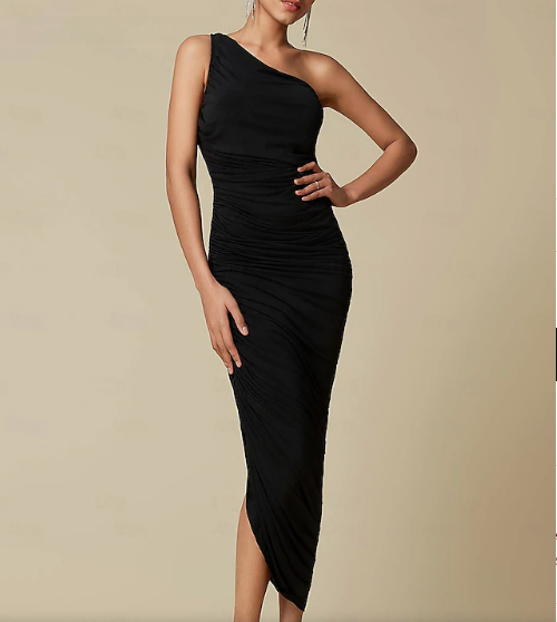 Elegant Ruched One Shoulder Elegant Midi Dress