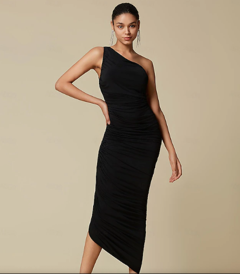 Elegant Ruched One Shoulder Elegant Midi Dress - Image 5