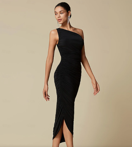 Elegant Ruched One Shoulder Elegant Midi Dress - Image 2