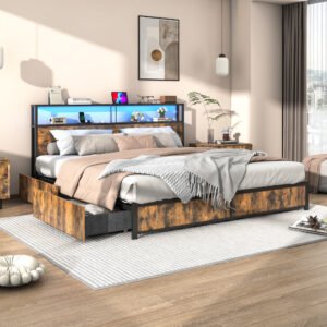 Bed Frame with LED Light & Outlets USB Ports, Metal Platform Bed with Storage Headboard