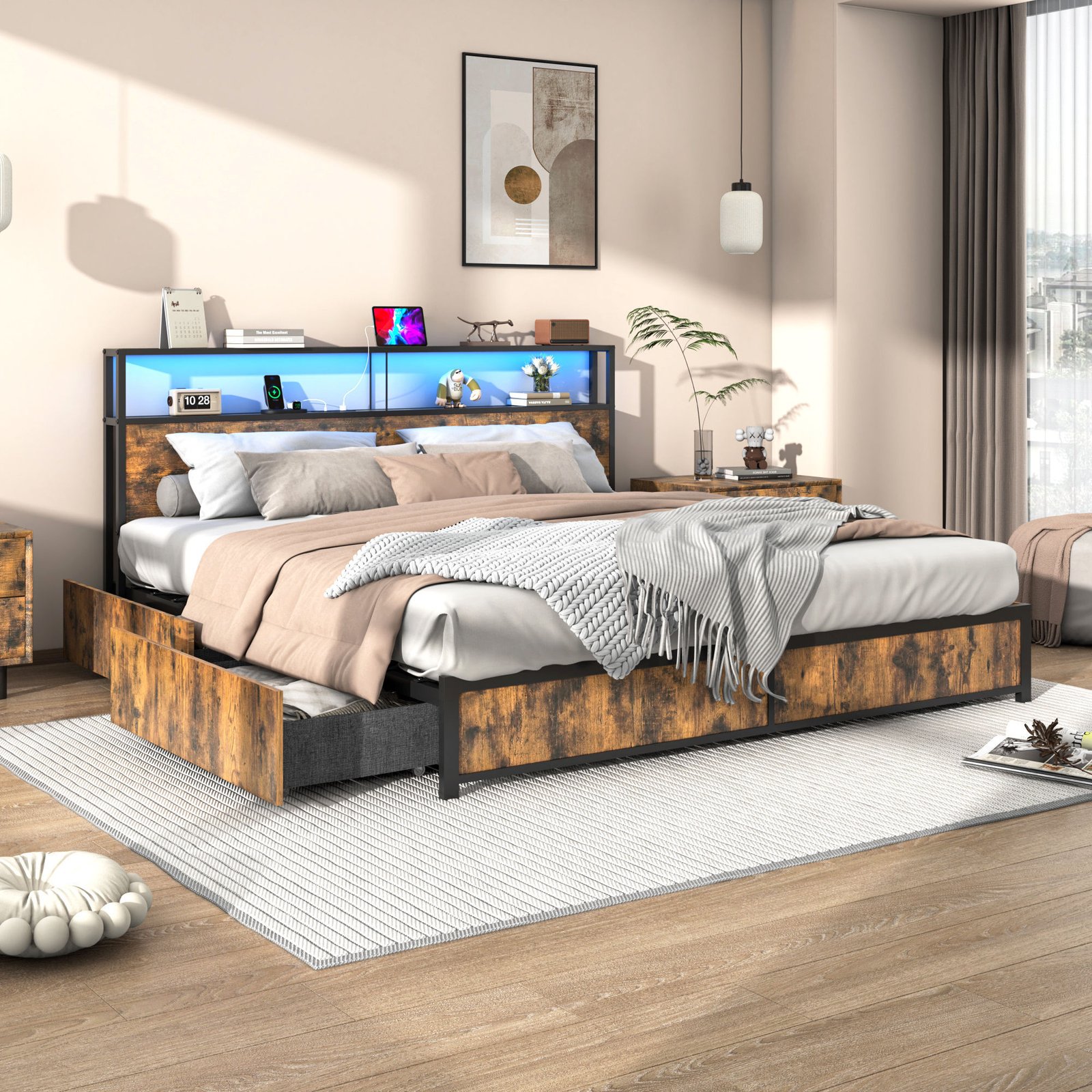 Bed Frame with LED Light & Outlets USB Ports, Metal Platform Bed with Storage Headboard