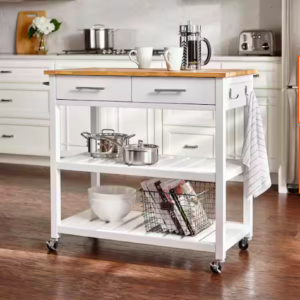 Glenville Cream White Rolling Kitchen Cart with Butcher Block Top, Double-Drawer Storage and Open Shelves (36" W)