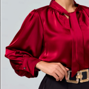 Satin Solid Lantern Sleeve Tie Front Blouse