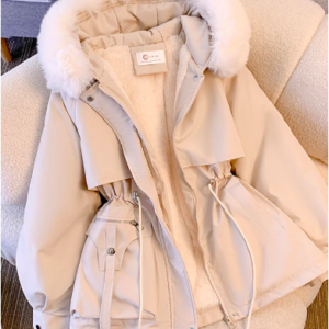 Women's Puffer Jacket Winter Fleece Parka with Collar Drawstring